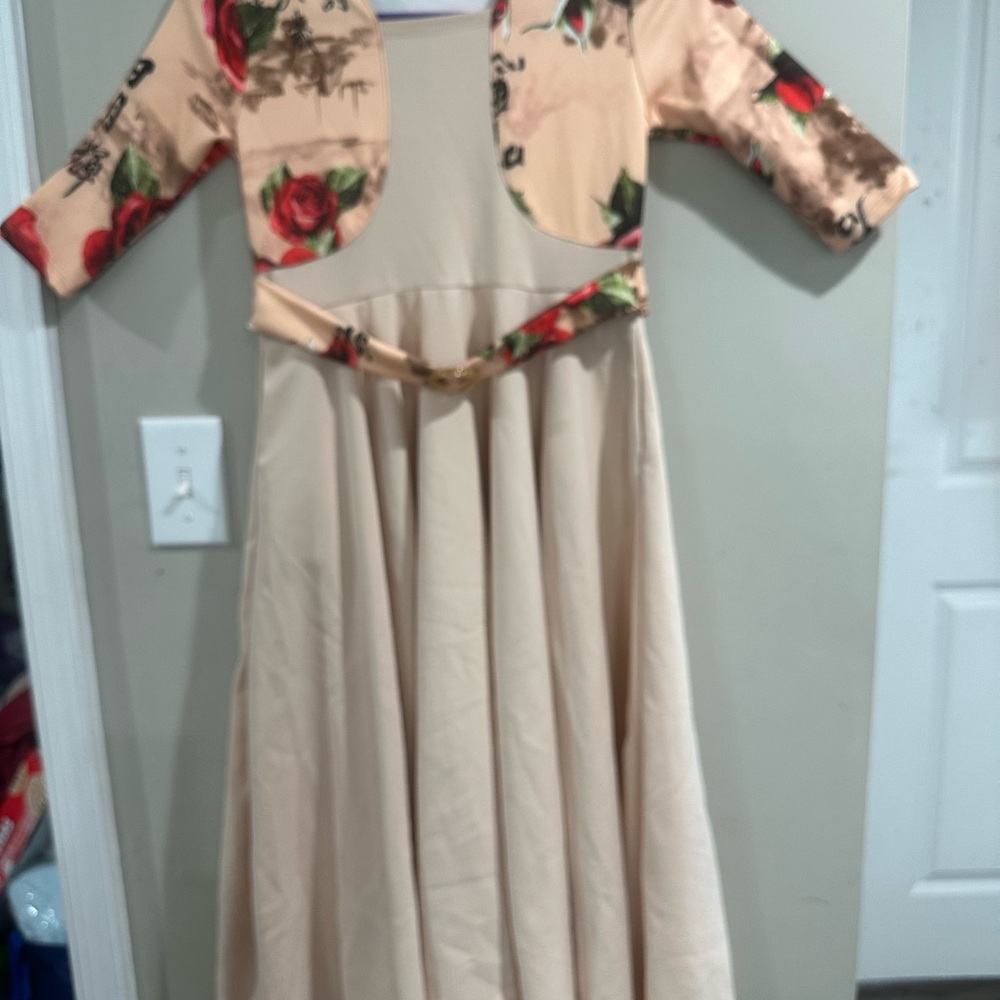 Floral Beige girls Casual Dress long sleeves and pockets on both sides